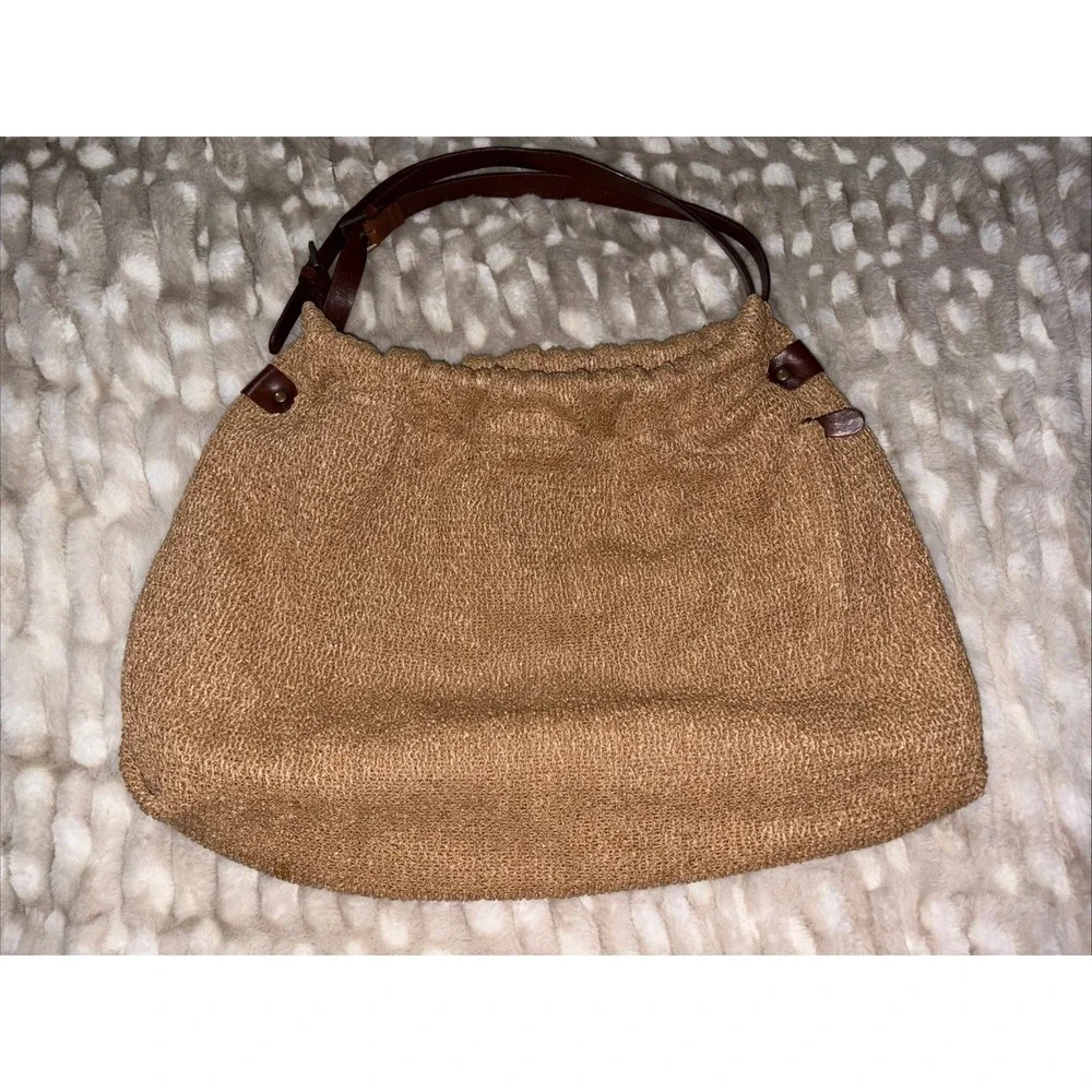 J Jill Large Tan Brown Shoulder Hobo Weekend Bucket Bag Leather Handles Pockets